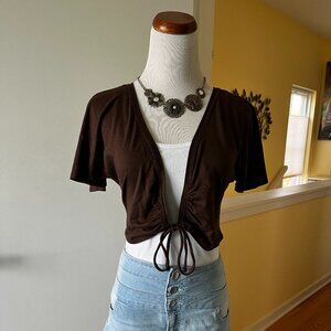 BROWN Tie-Front Cropped Shrug w/ Flutter Sleeve